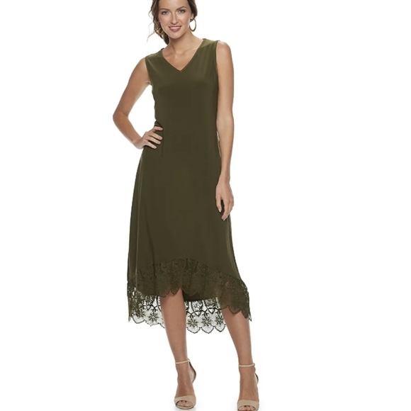 Nina Leonard Miracle Matte Jersey Sleeveless Dress High/Low Crochet Lace Hem - M - Picture 1 of 16